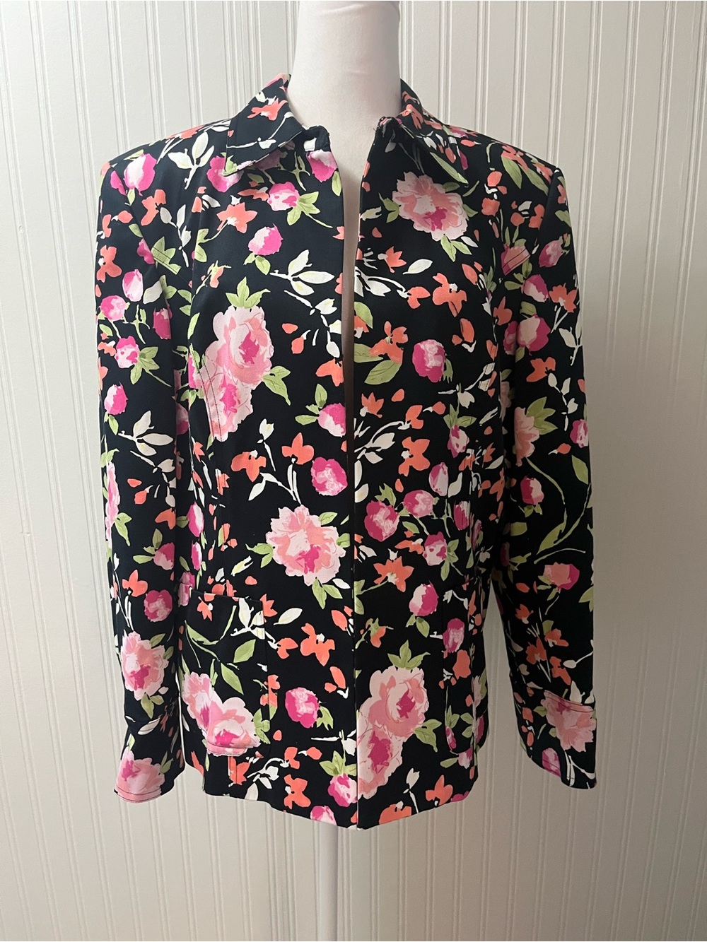 Liz Claiborne/ First Issue Black Floral Blazer with Pink & Green Accents